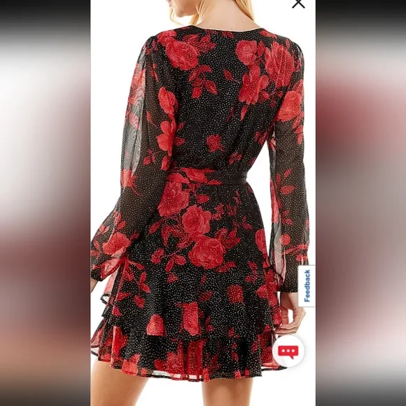 City Triangles | Dresses | City Triangles Red Floral Doble Ruffle Long V  Neck Waist Bow Tie Mini Dress3 | Poshmark